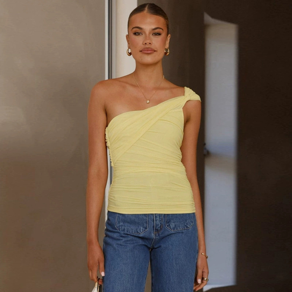 Zara Summer Solid Color One Shoulder Tie Mesh Tank Top - Picture 4 of 6